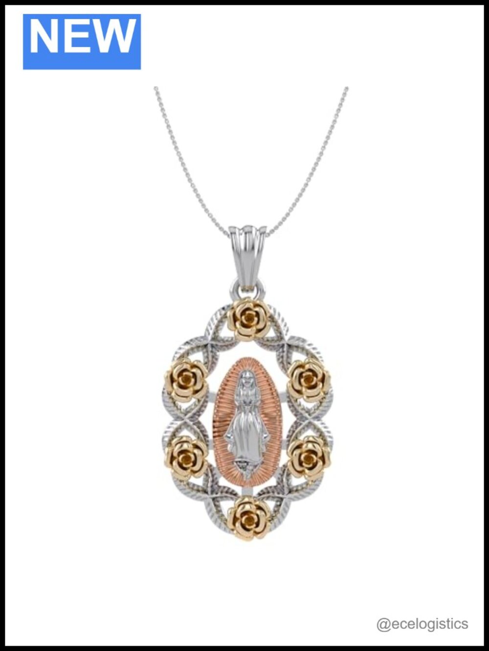 Our Lady of Guadalupe Pendant Necklace 14K White Gold Over 925 Sterling Silver